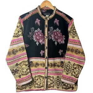 Robert Lewis Coat Women’s Large Tapestry Boho Floral Artsy Black Hippie Granny